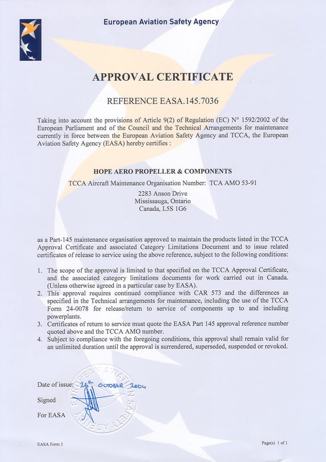 European Aviation Safety certificate for hope aero