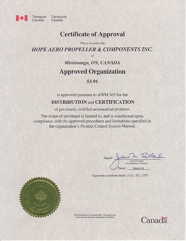 Transport Canada certificate for hope aero