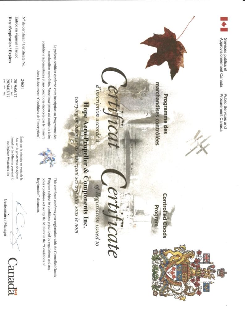 controlled goods certificate for hope aero